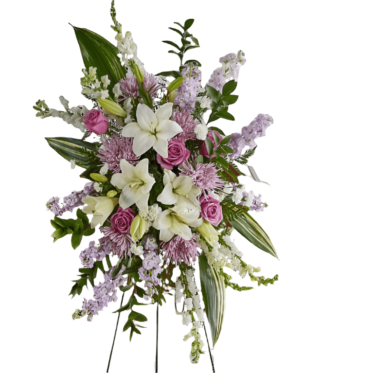 Grateful Hearts Standing Spray with lavender and white flowers
