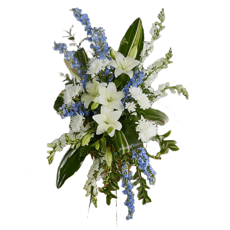 Grateful Blue Standing Spray with lavender and white flowers