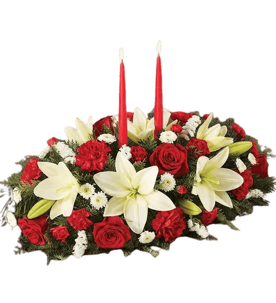 Floral Christmas dinner centerpiece with red, white flowers