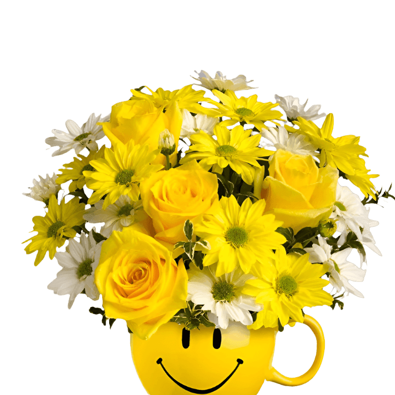 Big Smiles Flower Mug with vibrant yellow and white flowers
