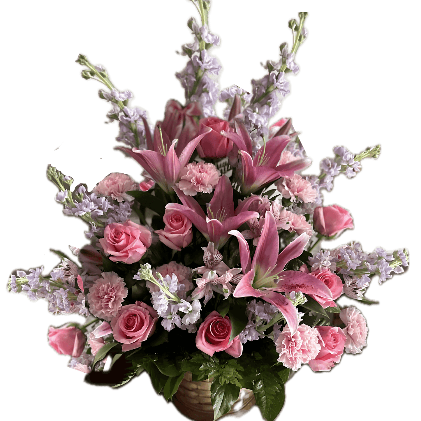 Blush Garden Basket floral arrangement with lavender stock, pink roses, lilies, and carnations in a woven basket for home and garden decor.