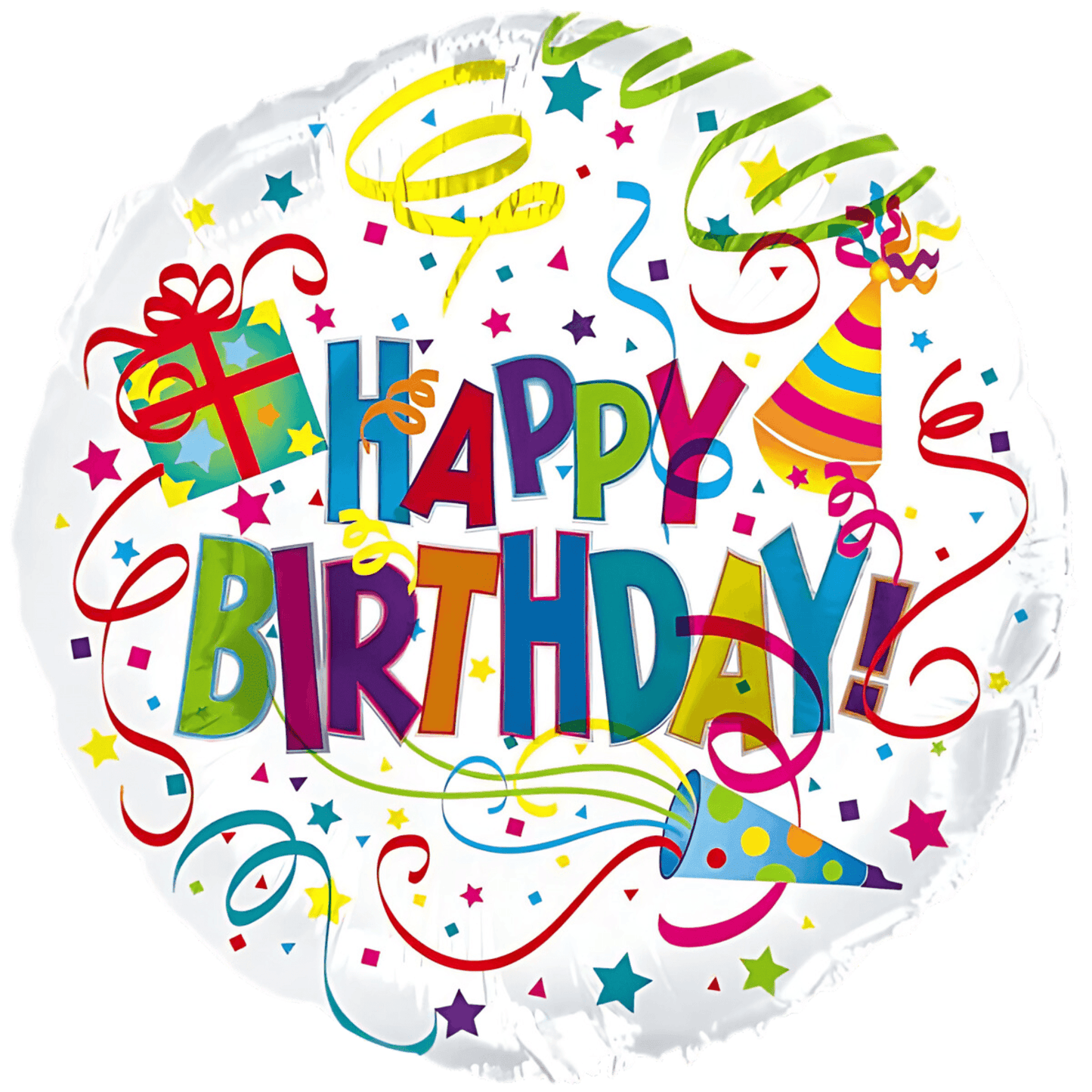 Colorful 'Happy Birthday' Mylar balloon with confetti