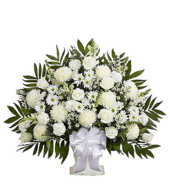 Peaceful white floral basket arrangement with ribbon