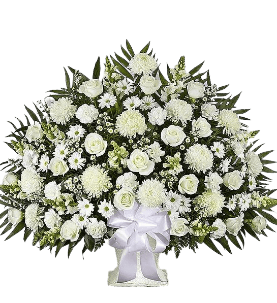 Elegant white flower arrangement in a floor basket