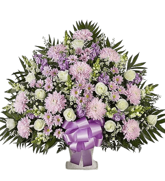 Graceful lavender and white blooms in a floor basket