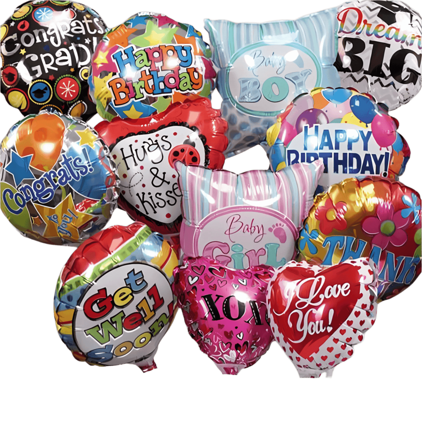 Assorted festive Mylar balloons for various occasions