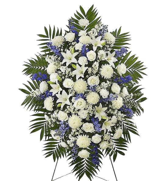 Blue & White Funeral Standing Spray with lush blooms