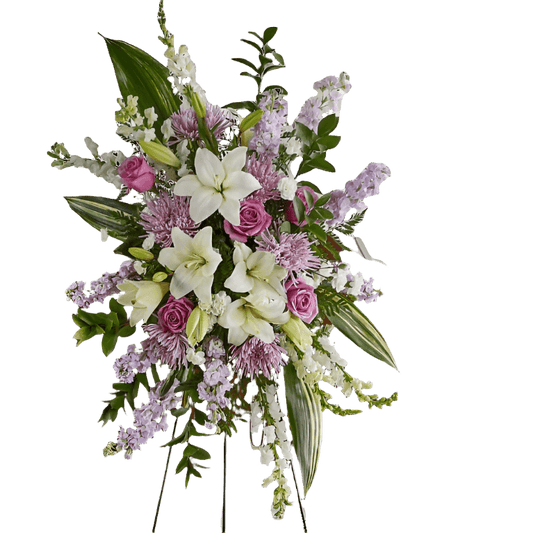 Grateful Hearts Standing Spray with lavender and white flowers