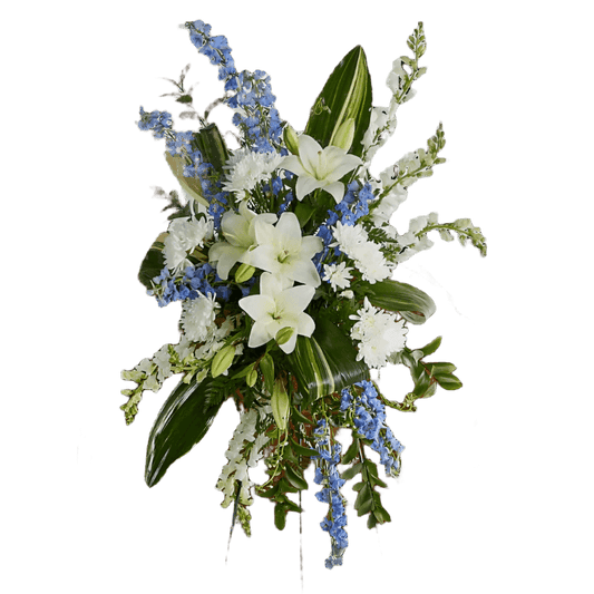 Grateful Blue Standing Spray with lavender and white flowers