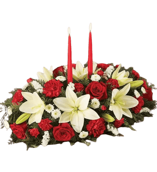 Floral Christmas dinner centerpiece with red, white flowers
