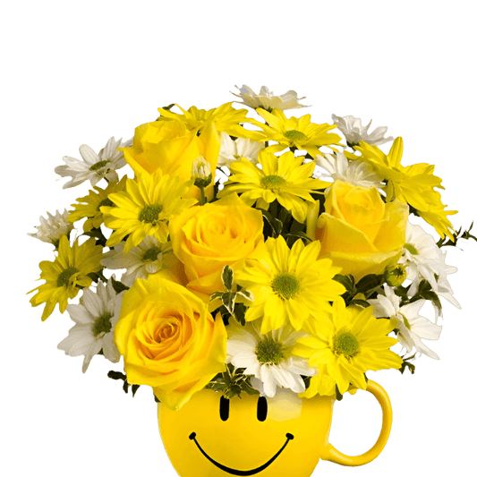 Big Smiles Flower Mug with vibrant yellow and white flowers