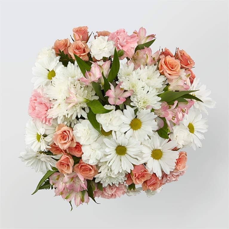 a bouquet of pink and white flowers on a white background