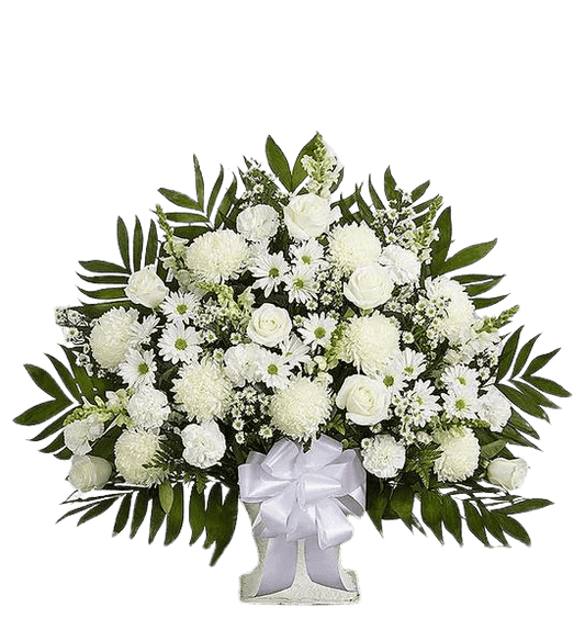 Heartfelt Tribute white floral basket with lush blooms