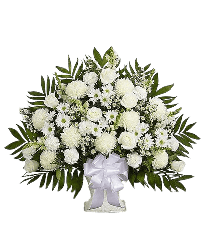 Peaceful white floral basket arrangement with ribbon