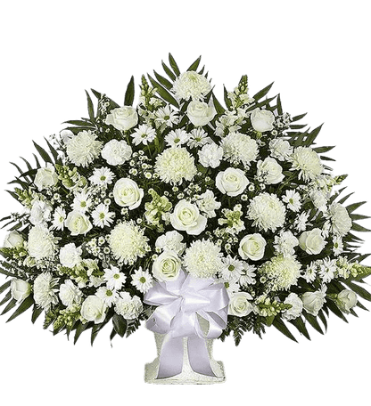 Elegant white flower arrangement in a floor basket