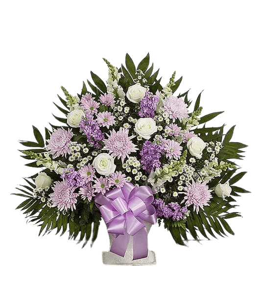 Lavender and white floral basket with lush greenery