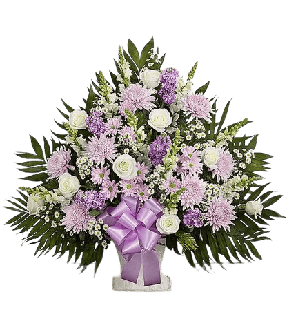 Elegant lavender and white flower arrangement in basket