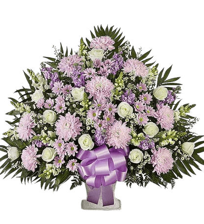 Graceful lavender and white blooms in a floor basket