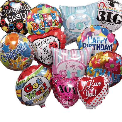 Assorted festive Mylar balloons for various occasions