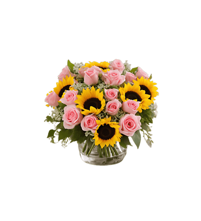 Pink roses and sunflowers bouquet wrapped in paper with pink ribbon