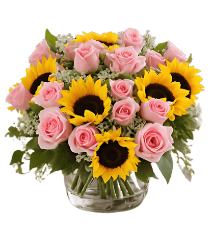 Pink roses and sunflowers floral arrangement in glass vase