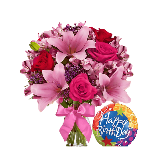 Rose & Lily Celebration with Birthday Balloon