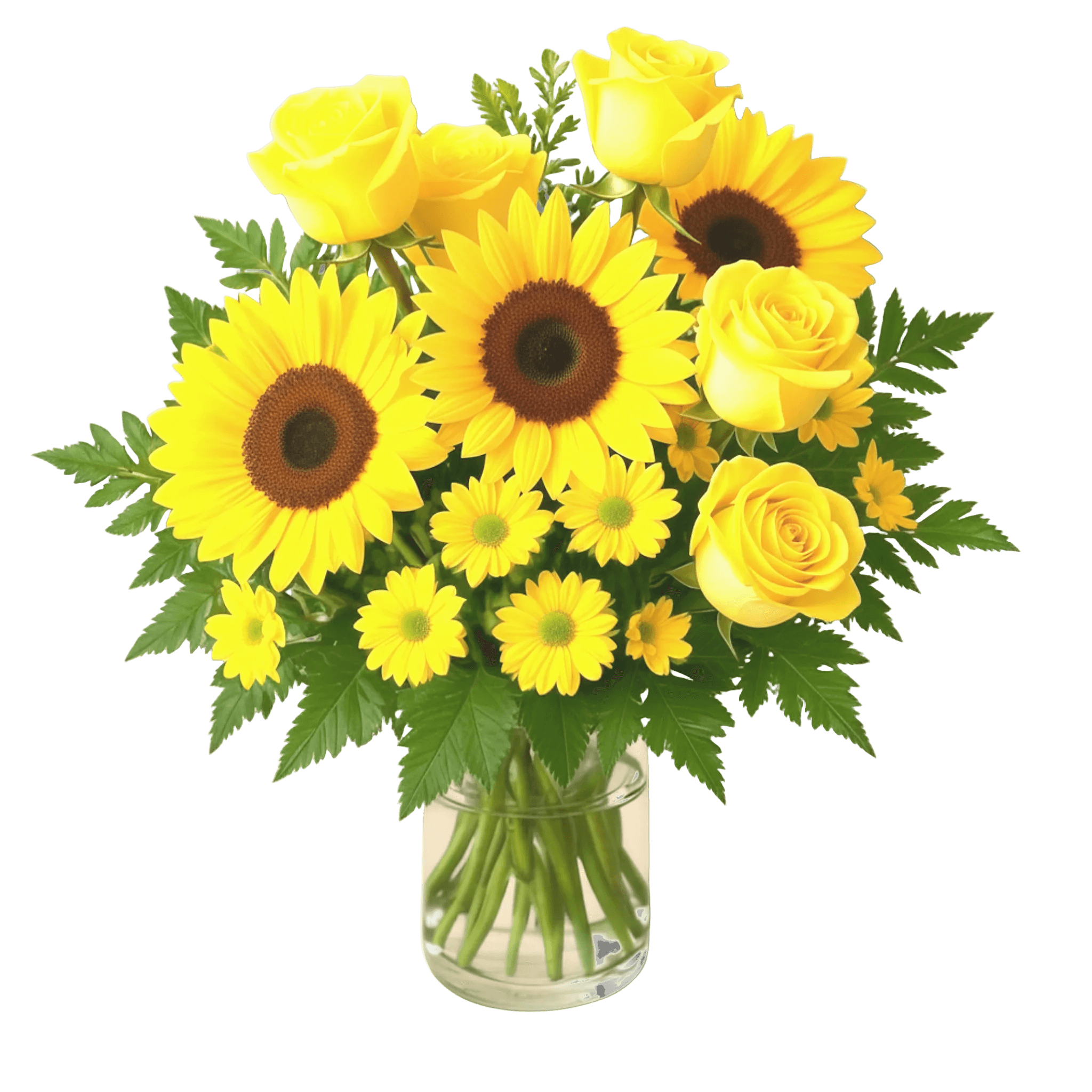 Bouquet of yellow sunflowers and roses in a clear vase on a white background