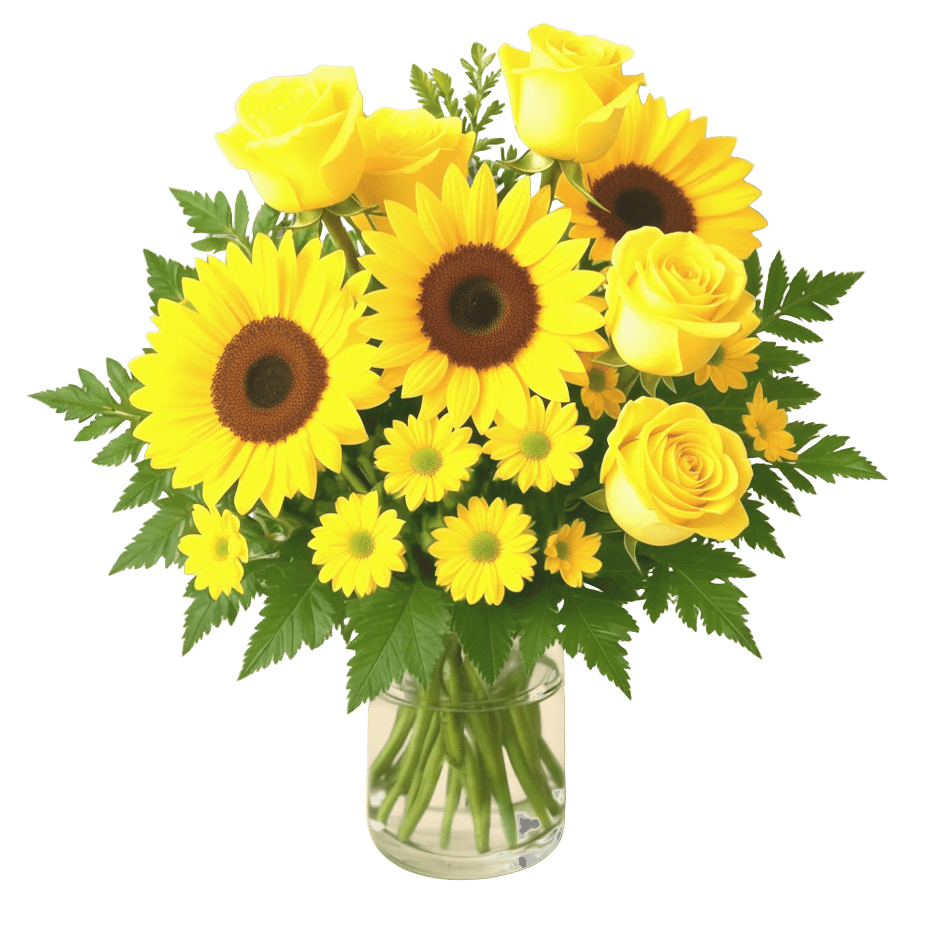 Bouquet of yellow sunflowers and roses in a clear vase on a white background