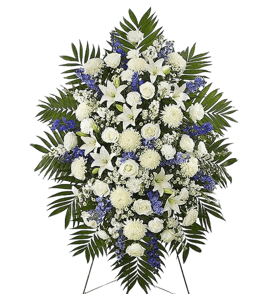 Blue & White Funeral Standing Spray with lush blooms