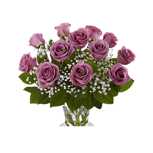 Lavender Roses - Deep Devotion bouquet with lush greenery and delicate white accents from Unique Rose Collection, Open Late.