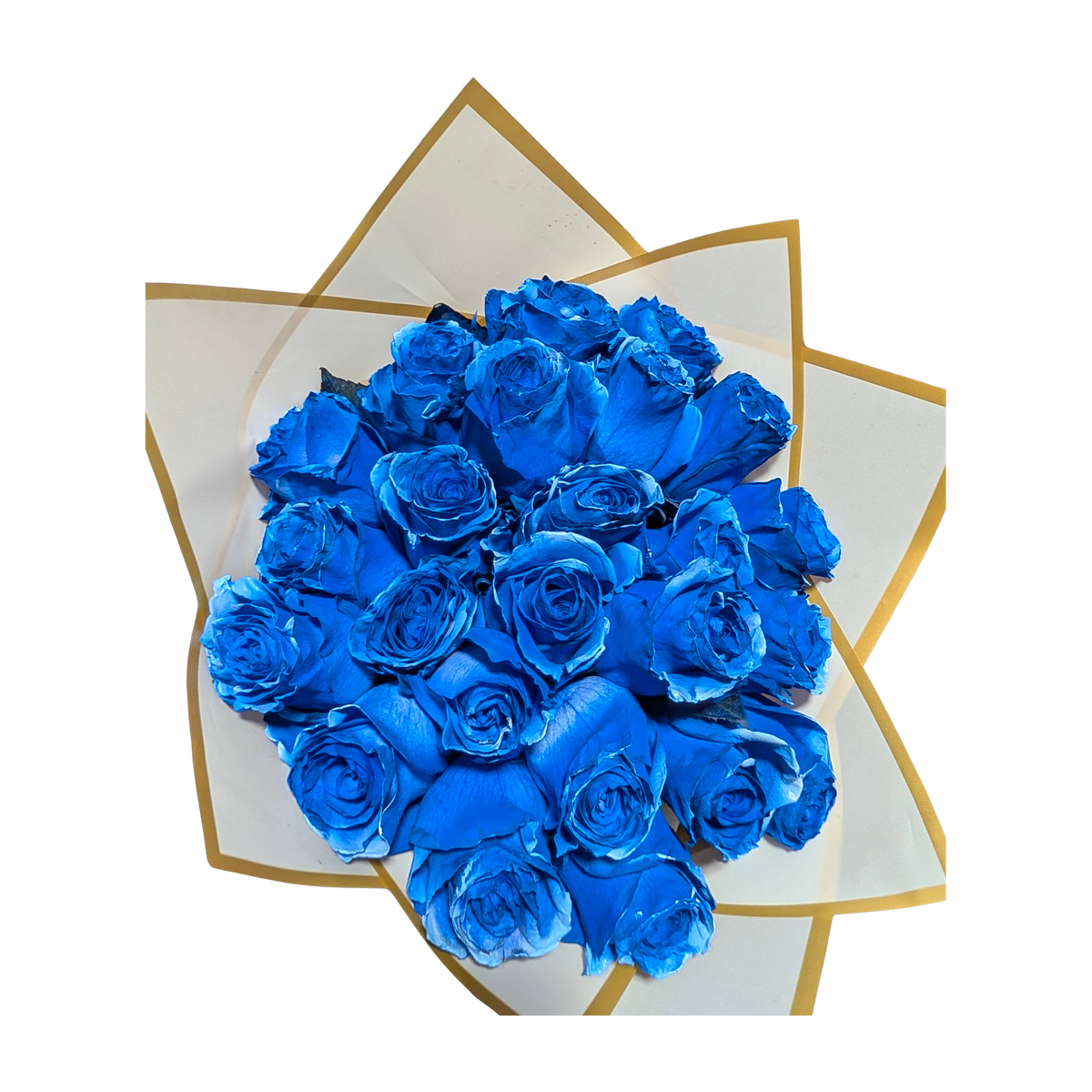 Bouquet of studio-tinted blue roses in white wrap with gold border, Flauraly Blue Hour