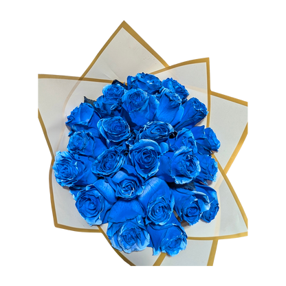 Bouquet of studio-tinted blue roses in white wrap with gold border, Flauraly Blue Hour